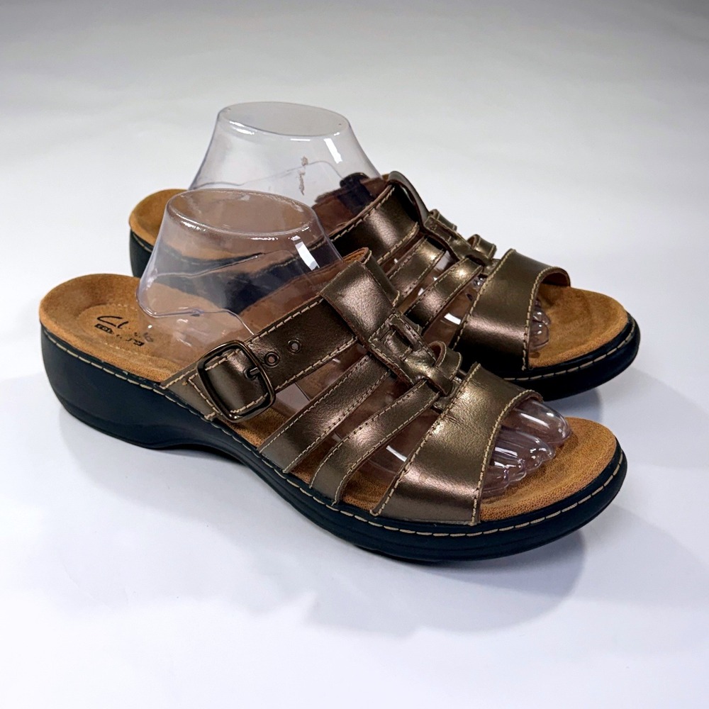 Clarks Merliah Karli Sandals Womens 12W Bronze Metallic Leather Strappy Wedge